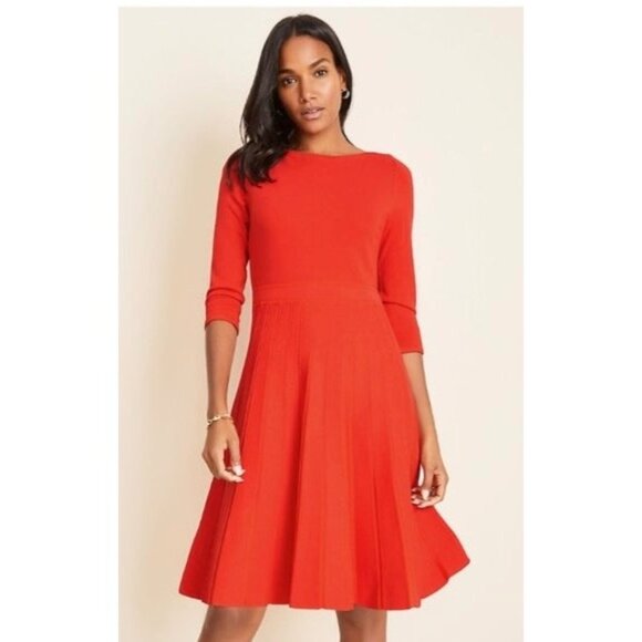Ann Taylor Red Pleated Skirt A-Line Dress 3/4 Sleeves in Red Size XL - Picture 1 of 11